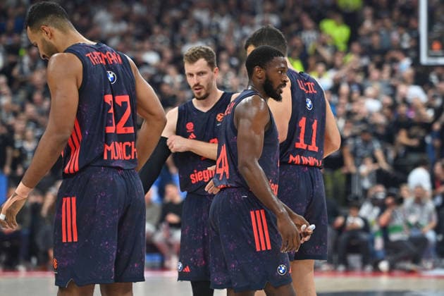 From left: Johannes THIEMANN (FCB), Andreas OBST (FCB), Kamar BALDWIN (FCB), VLADIMIR LUCIC (FCB), disappointment, frustration, disappointed, frustrated, dejected, EuroLeague Basketball, 2026–2027 season, FC Bayern Munich vs. Partizan Belgrade on October 2, 2026, SAP GARDEN