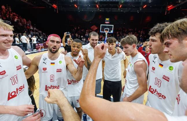 October 2, 2026 Basketball Season 2026–2027 2nd Bundesliga Pro A Matchday 2 Nuremberg Falcons Basketball Club (NBC) vs. EPG Baskets Koblenz Sports photo by Zink DaMa xdaxmax Celebration and joy of the Nuremberg Falcons BC (NBC) team after the game