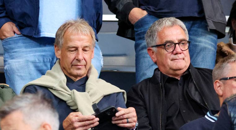 October 2, 2026, Germany, Stuttgart, Soccer, Regionalliga Südwest, SV Stuttgarter Kickers vs. Kickers Offenbach, Jürgen Klinsmann in the stands, Roland Eitel on the right