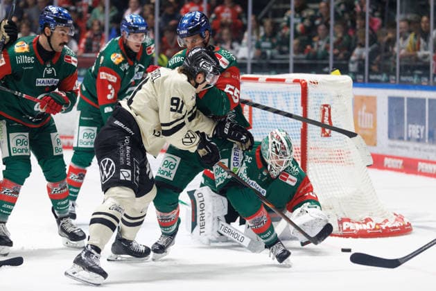Tobias Ancicka 45, Augsburger Panther; Ryan Button 55, Augsburger Panther; and Timo Ruckdäschel 91, Grizzlys Wolfsburg, during the game between the Augsburger Panther and the Grizzlys Wolfsburg, ice hockey, men s, DEL, 2026–2027, Matchday 5 on October 2, 2026, in Augsburg, Curt Frenzel Stadium, Bavaria, Germany