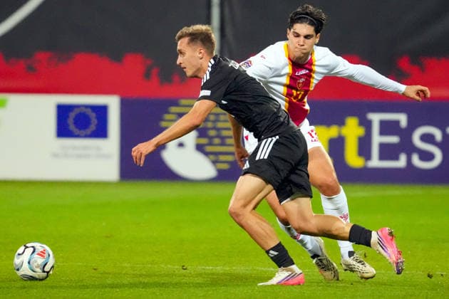 October 2, 2026, Riga, Latvia: Latvian player DMITRIJS ZALENKOVS (L) vies with VASILIJE ADZIC of Montenegro during the League C match of UEFA Nations League between Latvia and Montenegro in Riga, Latvia, Oct. 2, 2026. League C Match Of UEFA Nations League Between Latvia And Montenegro  - ZUMAp305 20261002_zip_p305_009 Copyright: xEdijsxPalensx
