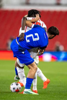 RECORD DATE NOT STATED 2nd October 2026; bet365 Stadium, Stoke-on-Trent, England; UEFA U21, U 21 Championship Qualification Football, England U21 versus Slovakia U21; Tyrique George of England is tackled by Tobias Paliscak of Slovakia TimxWilliams