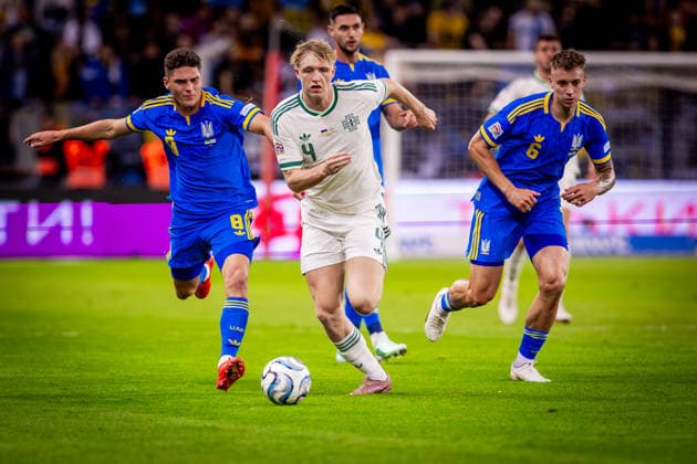 UKRAINE - NORTHERN IRELAND Tom Atcheson of Northern Ireland and Blackburn Rovers, Georgiy (Heorhiy) Sudakov of Ukraine and SL Benfica, Volodymyr Brazhko of Ukraine and Dynamo Kyiv during UEFA Nations League - League B - Group B2 - Matchday 3 - football match between Ukraine and Northern Ireland. Anton Malatinsky Stadium, City Arena, Trnava, Slovakia, October 02, 2026. Photo by Branislav Racko Copyright: xx 080A9038