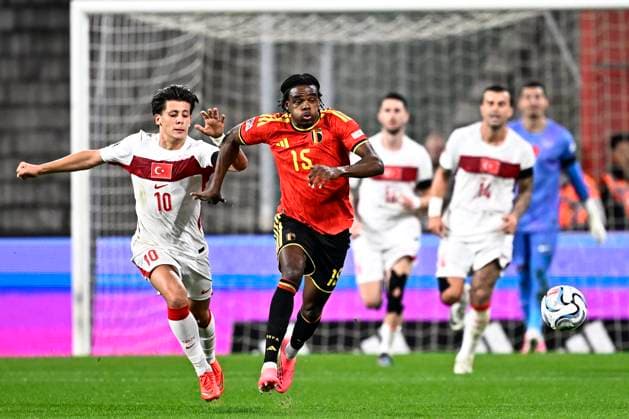 Belgium v Turkey - UEFA Nations League 2026 LIEGE, BELGIUM - OCTOBER 02 : Ngoy Nathan defender of Belgium battles for the ball with Guler Arda forward of Turkey during the UEFA Nations League tournament league phase matchday 3 group A1 match between Belgium and Turkey on October 2, 2026 in Liege, Belgium, 02 10 2026 Liege Belgium  Copyright: xTomasxSiskx