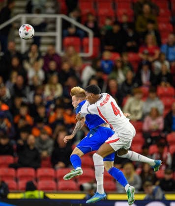 U21, U 21 England v U21 Slovakia, U21 UEFA EUROPEAN CHAMPIONSHIPS Joshua ACHEAMPONG of England and Matej RizniÄ? of Slovakia battle for the ball in the air during the U21 UEFA EUROPEAN CHAMPIONSHIPS match between U21 England and U21 Slovakia at the Bet365 Stadium, Stoke-on-Trent, UK on 2 October 2026. Stoke-on-Trent Bet365 Stadium Staffordshire UK Editorial use only , Copyright: xMarkxDunnx PSI-24952-0017