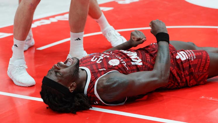 Pictured: Celebrations at Charles Thompson Wuerzburg Baskets, February 10, 2026, Fitness First Wuerzburg Baskets vs. Telekom Baskets Bonn, easyCredit BBL, Matchday 4, Germany, 97072, tectake Arena Wuerzburg, Copyright: HMBxMedia xJulienxBecker