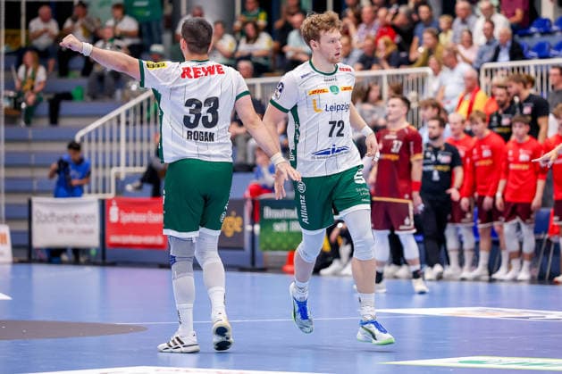 October 2, 2026, Matchday 6 of the 2nd Handball Bundesliga, TuSEM Essen vs. SC DHfK Leipzig: Luka Rogan (SC DHfK Leipzig) 33, Tim Hertzfeld (SC DHfK Leipzig) 72, celebrating in North Rhine-Westphalia, Germany