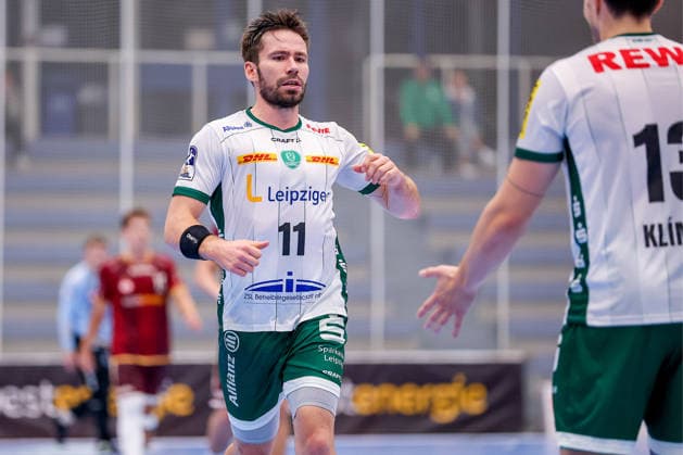 October 2, 2026, Matchday 6 of the 2nd Handball Bundesliga, TuSEM Essen vs. SC DHfK Leipzig, Lukas Binder, SC DHfK Leipzig, 11, celebrating, North Rhine-Westphalia, Germany