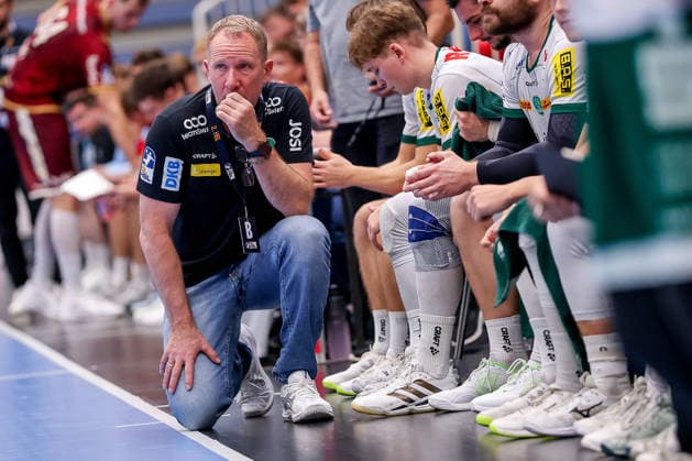 October 2, 2026, Matchday 6 of the 2nd Handball Bundesliga, TuSEM Essen vs. SC DHfK Leipzig; Coach Frank Carstens of SC DHfK Leipzig gesturing on the sidelines, North Rhine-Westphalia, Germany