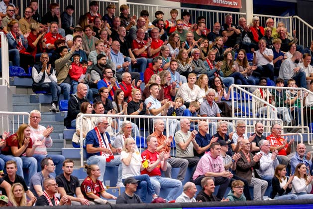 October 2, 2026, Matchday 6 of the 2nd Handball Bundesliga, TuSEM Essen vs. SC DHfK Leipzig; clapping spectators, visitors, and fans in the stands, North Rhine-Westphalia, Germany