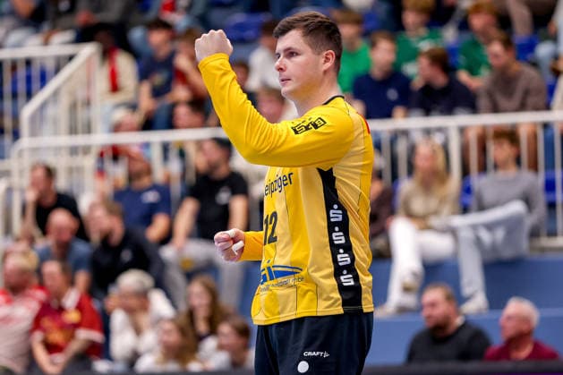 October 2, 2026, Matchday 6 of the 2nd Handball Bundesliga, TuSEM Essen vs. SC DHfK Leipzig, Anadin Suljakovic, SC DHfK Leipzig, 12, celebrating, North Rhine-Westphalia, Germany