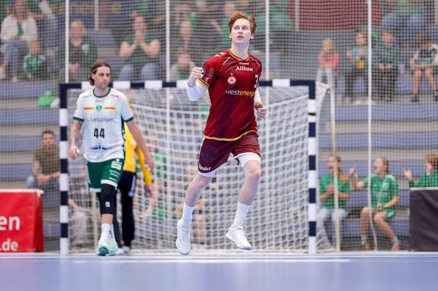 October 2, 2026, Matchday 6 of the 2nd Handball Bundesliga, TuSEM Essen vs. SC DHfK Leipzig, Felix Mart, TuSEM Essen 03, celebrating, North Rhine-Westphalia, Germany