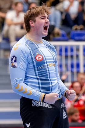 October 2, 2026, Matchday 6 of the 2nd Handball Bundesliga, TuSEM Essen vs. SC DHfK Leipzig, Finn Knaack, TuSEM Essen, 12, celebrating, North Rhine-Westphalia, Germany