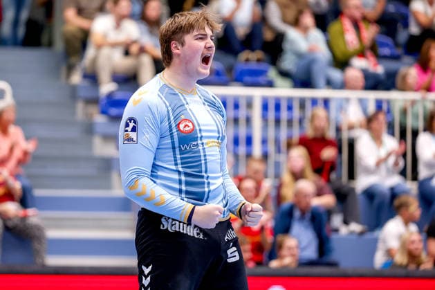 October 2, 2026, Matchday 6 of the 2nd Handball Bundesliga, TuSEM Essen vs. SC DHfK Leipzig, Finn Knaack, TuSEM Essen, 12, celebrating, North Rhine-Westphalia, Germany
