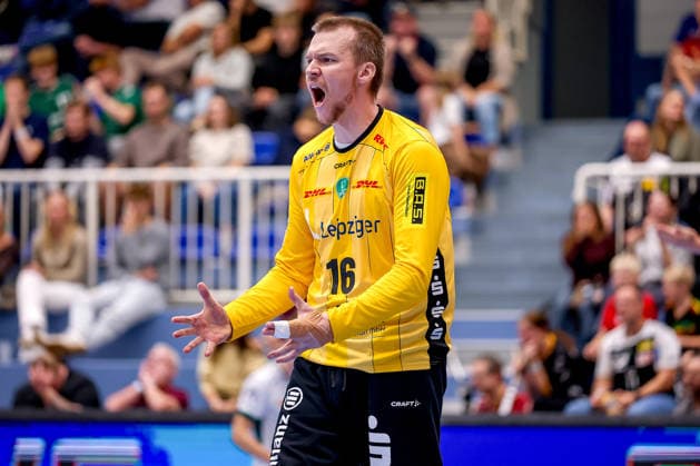 October 2, 2026, Matchday 6 of the 2nd Handball Bundesliga, TuSEM Essen vs. SC DHfK Leipzig, Tomas Mrkva, SC DHfK Leipzig, 16, celebrating, North Rhine-Westphalia, Germany