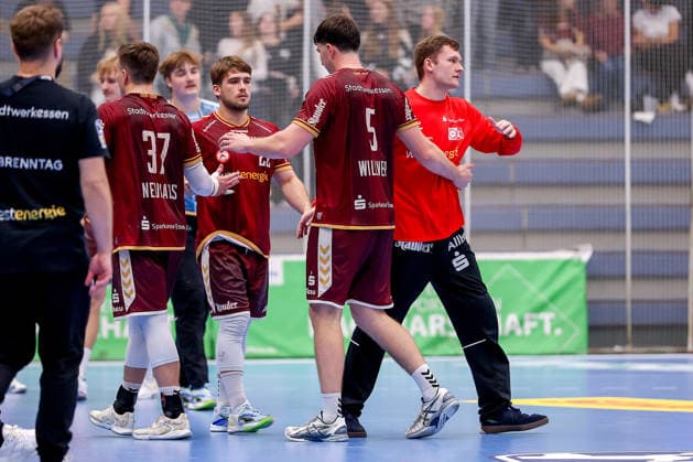 October 2, 2026, Matchday 6 of the 2nd Handball Bundesliga, TuSEM Essen vs. SC DHfK Leipzig Disappointed faces after the loss to Leipzig Max Neuhaus, TuSEM Essen 37; Nicholas Schley, TuSEM Essen 22; Valentin Willner, TuSEM Essen 05; Lukas Diedrich, TuSEM Essen 16; North Rhine-Westphalia, Germany