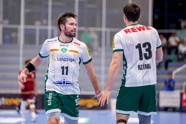 October 2, 2026, Matchday 6 of the 2nd Handball Bundesliga, TuSEM Essen vs. SC DHfK Leipzig: Lukas Binder (SC DHfK Leipzig, No. 11) and Matej Klima (SC DHfK Leipzig, No. 13) celebrating, North Rhine-Westphalia, Germany