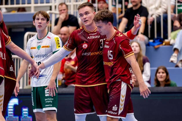 October 2, 2026, Matchday 6 of the 2nd Handball Bundesliga, TuSEM Essen vs. SC DHfK Leipzig; Max Neuhaus (TuSEM Essen) 37 next to Nils Homscheid (TuSEM Essen) 15; NRW, Germany