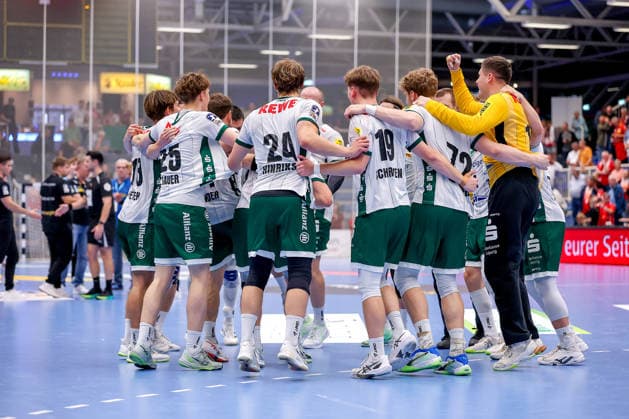 October 2, 2026, Matchday 6 of the 2nd Handball Bundesliga, TuSEM Essen vs. SC DHfK Leipzig; Leipzig celebrates its victory in North Rhine-Westphalia, Germany