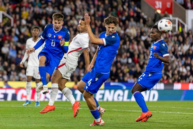 RECORD DATE NOT STATED 2nd October 2026; bet365 Stadium, Stoke-on-Trent, England; UEFA U21, U 21 Championship Qualification Football, England U21 versus Slovakia U21; Mario Sauer of Slovakia clears the ball TimxWilliams