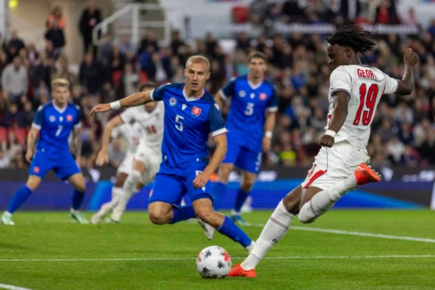 RECORD DATE NOT STATED 2nd October 2026; bet365 Stadium, Stoke-on-Trent, England; UEFA U21, U 21 Championship Qualification Football, England U21 versus Slovakia U21; Tyrique George of England crosses the ball TimxWilliams