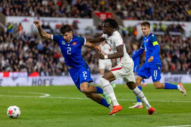 RECORD DATE NOT STATED 2nd October 2026; bet365 Stadium, Stoke-on-Trent, England; UEFA U21, U 21 Championship Qualification Football, England U21 versus Slovakia U21; Tyrique George of England is tackled by Tobias Paliscak of Slovakia TimxWilliams