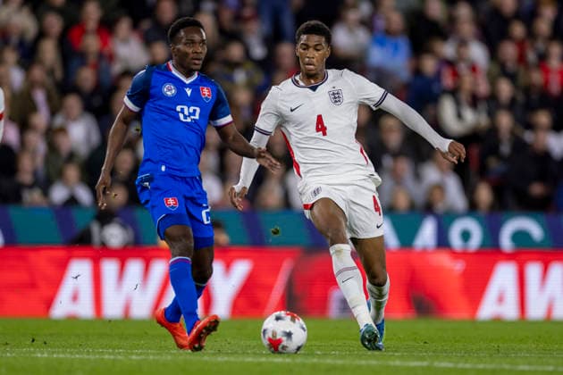 RECORD DATE NOT STATED 2nd October 2026; bet365 Stadium, Stoke-on-Trent, England; UEFA U21, U 21 Championship Qualification Football, England U21 versus Slovakia U21; Samuel Gidi of Slovakia under pressure from Joshua Acheampong of England TimxWilliams