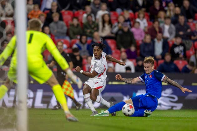 RECORD DATE NOT STATED 2nd October 2026; bet365 Stadium, Stoke-on-Trent, England; UEFA U21, U 21 Championship Qualification Football, England U21 versus Slovakia U21; Samuel Amo-Ameyaw of England takes a shot on goal TimxWilliams