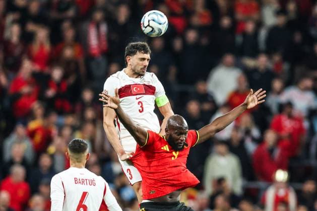 Turkey Merih Demiral and Belgium s Romelu Lukaku pictured during a soccer game between Belgian national team, Nationalteam Red Devils and Turkey, on Friday 2 October 2026 in Liege, the third game of the UEFA Nations League group stage. BRUNOxFAHY  x188569683x