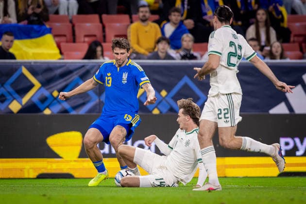 UKRAINE - NORTHERN IRELAND Illia Zabarnyi of Ukraine and Paris Saint Germain and Isaac Price of Northern Ireland and West Bromwich Albion during UEFA Nations League - League B - Group B2 - Matchday 3 - football match between Ukraine and Northern Ireland. Anton Malatinsky Stadium, City Arena, Trnava, Slovakia, October 02, 2026. Photo by Branislav Racko Copyright: xx 080A9521