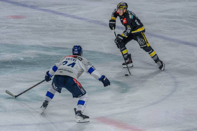 Paul Vinzens (ERC Ingolstadt), 24, vs. Tim Schuetz (Krefeld Pinguine), 38, GER, Krefeld Pinguine vs. ERC Ingolstadt, Ice Hockey, PENNY DEL, Matchday 5, 2026–2027 Season, October 2, 2026, GER, Krefeld Pinguine vs. ERC Ingolstadt, Ice Hockey, PENNY DEL, Matchday 5, 2026–2027 Season, October 2, 2026, Krefeld Copyright: xEibner-Pressefoto FabianxFriesex EP_FFE
