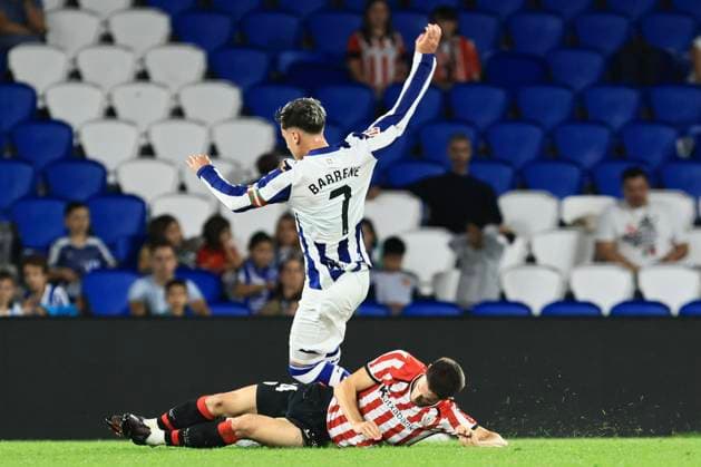 ESP Euskal Herria Txapela Real Sociedad Atlético Madrid Ander Barrenetxea Muguruza of Real Sociedad and Benat Gerenabarrena of Athletic during the Euskal Herria Txapela 2026-27 friendly match between Real Sociedad and Atlético Madrid, played at Anoeta Stadium in Gipuzkoa on September 14, 2026, in Spain. Spanish Soccer Copyright: xAgenciaxLOFx