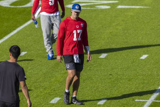WARE, ENGLAND - October 02: Daniel Jones of the Indianapolis Colts during the Indianapolis Colts training session and practise at the Hanbury Manor Marriott Hotel, Ware, on October 02, 2026 in Hertfordshire, England Copyright: xJodyxDemay-Daviesx xSPPx Sportspressphoto_SPR244115