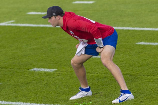 WARE, ENGLAND - October 02: Riley Leonard of the Indianapolis Colts doing drills during the Indianapolis Colts training session and practise at the Hanbury Manor Marriott Hotel, Ware, on October 02, 2026 in Hertfordshire, England Copyright: xJodyxDemay-Daviesx xSPPx Sportspressphoto_SPR244129