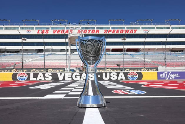 LAS VEGAS, CA - OCTOBER 02: The Kyle Busch 2019 Monster Energy NASCAR, Motorsport, USA Cup Champion Driver trophy on track prior to the South Point 400 NASCAR Cup Series Playoffs race, on October 2, 2026, at Las Vegas Motor Speedway in Las Vegas, NV. (Photo by Jeff Speer Sonoma Raceway Icon Sportswire) AUTO: JUN 28 NASCAR Kyle Busch Trophy EDITORIAL USE ONLY Icon14426100200032