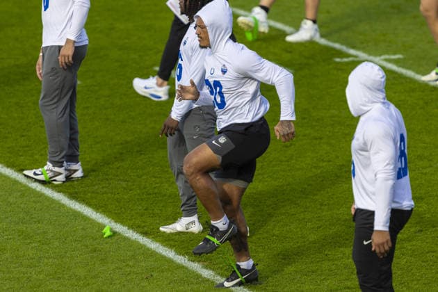 WARE, ENGLAND - October 02: Seth McGowan of the Indianapolis Colts during the Indianapolis Colts training session and practise at the Hanbury Manor Marriott Hotel, Ware, on October 02, 2026 in Hertfordshire, England Copyright: xJodyxDemay-Daviesx xSPPx Sportspressphoto_SPR244142