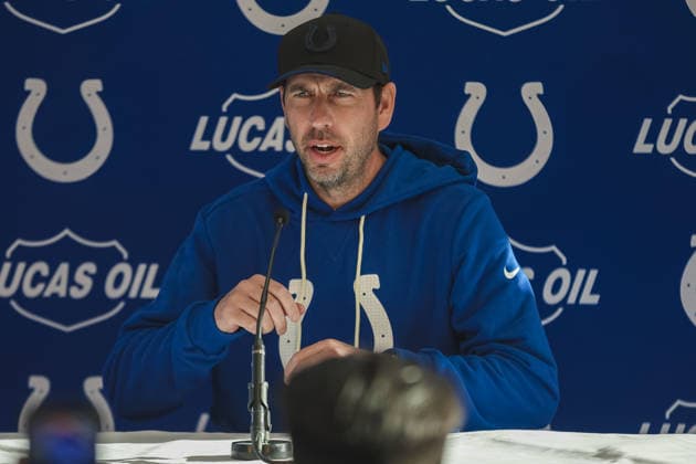 WARE, ENGLAND - October 02: Head coach Shane Steichen interviewed during the Indianapolis Colts training session and practise at the Hanbury Manor Marriott Hotel, Ware, on October 02, 2026 in Hertfordshire, England Copyright: xJodyxDemay-Daviesx xSPPx Sportspressphoto_SPR244150