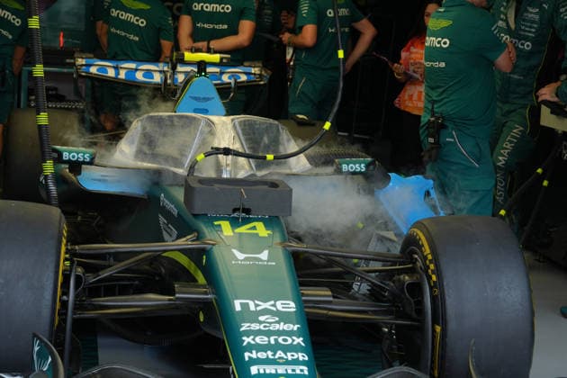October 3, 2026, Sepang International Circuit, Kuala Lumpur, 2026 Formula 1 Gulf Air Bahrain Grand Prix. The cockpit of Fernando Alonso (ESP) of the Aston Martin Aramco Formula One Team is being cooled before practice. Photo by Hasan Bratic, DeFodi Images