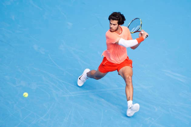 October 3, 2026, Tokyo, Japan: Carlos Alcaraz (Spain) returns a shot against Matteo Arnaldi (Italy) during their Round of 16 match at the Kinoshita Group Japan Open Tennis Championships at Ariake Colosseum in Tokyo. The tournament runs from September 29 to October 6. Alcaraz won 7-6(6), 6-1. Tokyo Japan - ZUMAm191 20261003_aap_m191_026 Copyright: xRodrigoxReyesxMarinx