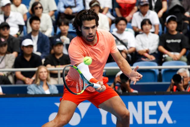 October 3, 2026, Tokyo, Japan: Carlos Alcaraz (Spain) returns a shot against Matteo Arnaldi (Italy) during their Round of 16 match at the Kinoshita Group Japan Open Tennis Championships at Ariake Colosseum in Tokyo. The tournament runs from September 29 to October 6. Alcaraz won 7-6(6), 6-1. Tokyo Japan - ZUMAm191 20261003_aap_m191_045 Copyright: xRodrigoxReyesxMarinx
