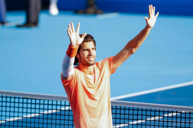 October 3, 2026, Tokyo, Japan: Carlos Alcaraz (Spain) celebrates after winning against Matteo Arnaldi (Italy) during their Round of 16 match at the Kinoshita Group Japan Open Tennis Championships at Ariake Colosseum in Tokyo. The tournament runs from September 29 to October 6. Alcaraz won 7-6(6), 6-1. Tokyo Japan - ZUMAm191 20261003_aap_m191_077 Copyright: xRodrigoxReyesxMarinx