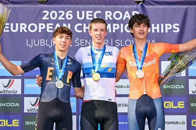 L-R, second Spain s Altor Martinez Groset, Winner European champion Norway s Elias Dybing, third Netherland s Jop Van Den Biggelaar celebrate on the podium of the Men juniors Road Race race (110,5 km) at the cycling UEC Road European Championships, in Ljubljana, Slovenia Saturday 3 October 2026. The UEC Road European Championships are taking place from 02 to 07 October in Ljubljana, Slovenia. DAVIDxPINTENS  x188602963x