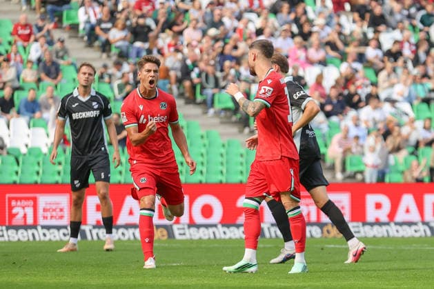 October 3, 2026, xtgx, soccer exhibition match, Hannover 96 vs. SC Verl, from left: Marcel Hartel, Hannover celebration, Goal celebration, celebrating the goal, DFL DFB REGULATIONS PROHIBIT ANY USE OF PHOTOGRAPHS as IMAGE SEQUENCES and or QUASI-VIDEO Hannover