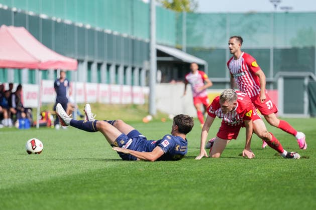 Friendly Match: SC Freiburg vs. FC Luzern, October 3, 2026. A tackle between Lars Villiger (FC Luzern, 27) and Matthias Ginter (SC Freiburg, 28). Friendly Match: SC Freiburg vs. FC Luzern, Europa-Park Stadium, October 3, 2026 DFB and DFL regulations prohibit any use of photographs as image sequences and or quasi-video. Copyright: xBEAUTIFULxSPORTS Boscox