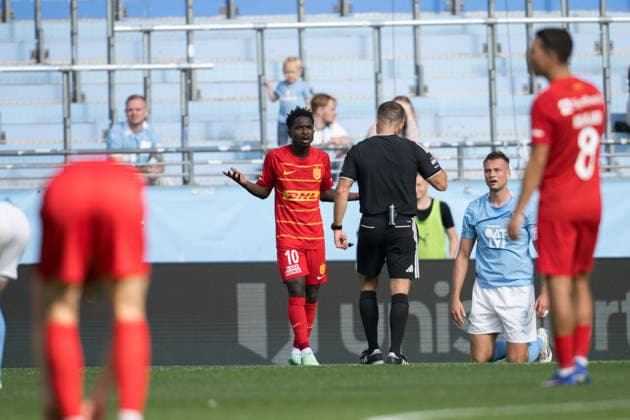 October 3, 2026: Prince Junior of FC Nordsjälland reacts during the friendly match between Malmö FF and FC Nordsjälland on October 3, 2026 in Malmö. Photo by Avdo Bilkanovic, BILDBYRAN COP 115 AB0391. soccer, football, fotball, practice match, friendly match, Malmö FF, FC Nordsjälland, bbeng, soccer, football, fotball, practice match, friendly match, Malmö FF, FC Nordsjälland, bbeng  Copyright: AVDOxBILKANOVIC BB261003AB013