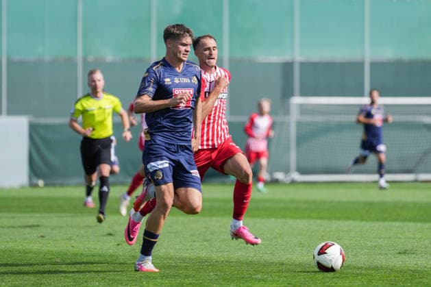 Friendly Match: SC Freiburg vs. FC Luzern, October 3, 2026—Lars Villiger (FC Luzern, 27) in a tackle with Max Rosenfelder (SC Freiburg, 37). Friendly Match: SC Freiburg vs. FC Luzern, Europa-Park Stadium, October 3, 2026 DFB and DFL regulations prohibit any use of photographs as image sequences and or quasi-video. Copyright: xBEAUTIFULxSPORTS Boscox