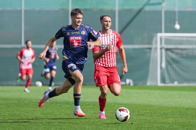 Friendly Match: SC Freiburg vs. FC Luzern, October 3, 2026—Lars Villiger (FC Luzern, 27) in a tackle with Max Rosenfelder (SC Freiburg, 37). Friendly Match: SC Freiburg vs. FC Luzern, Europa-Park Stadium, October 3, 2026 DFB and DFL regulations prohibit any use of photographs as image sequences and or quasi-video. Copyright: xBEAUTIFULxSPORTS Boscox