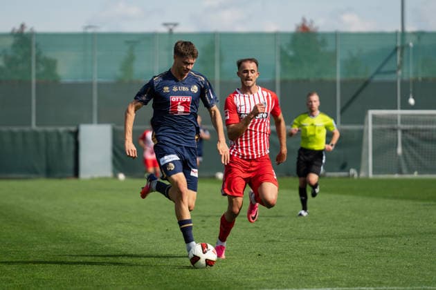 October 3, 2026, xjyhynx, soccer exhibition match, SC Freiburg vs. FC Lucerne, from left: Lars Villiger 27, FC Lucerne dribbling past Max Rosenfelder 37, SC Freiburg, Freiburg