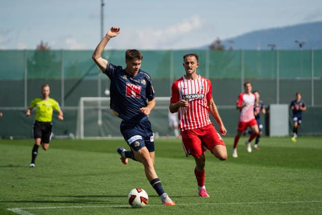 October 3, 2026, xjyhynx, soccer exhibition match, SC Freiburg vs. FC Lucerne, from left: Lars Villiger 27, FC Lucerne dribbling past Max Rosenfelder 37, SC Freiburg, Freiburg