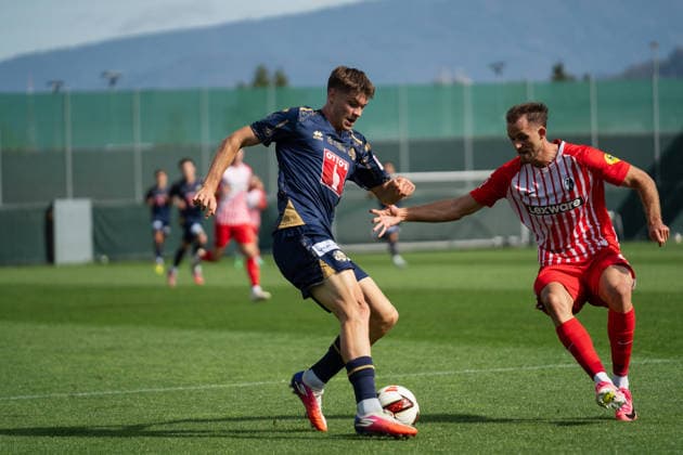 October 3, 2026, xjyhynx, soccer exhibition match, SC Freiburg vs. FC Lucerne, from left: Lars Villiger 27, FC Lucerne in a tackle with Max Rosenfelder 37, SC Freiburg, Freiburg